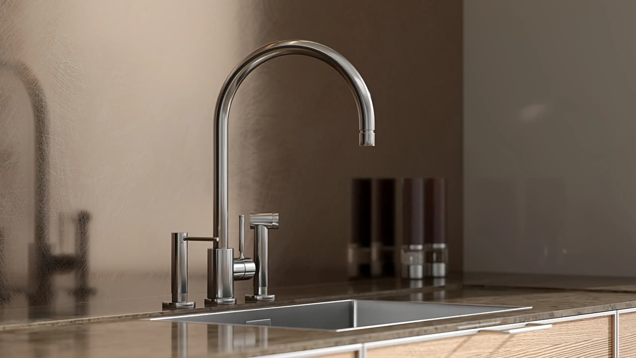 Close-up shot from kitchen rendering services displaying a brushed metallic faucet, sink, and metallic backsplash in a modern interior