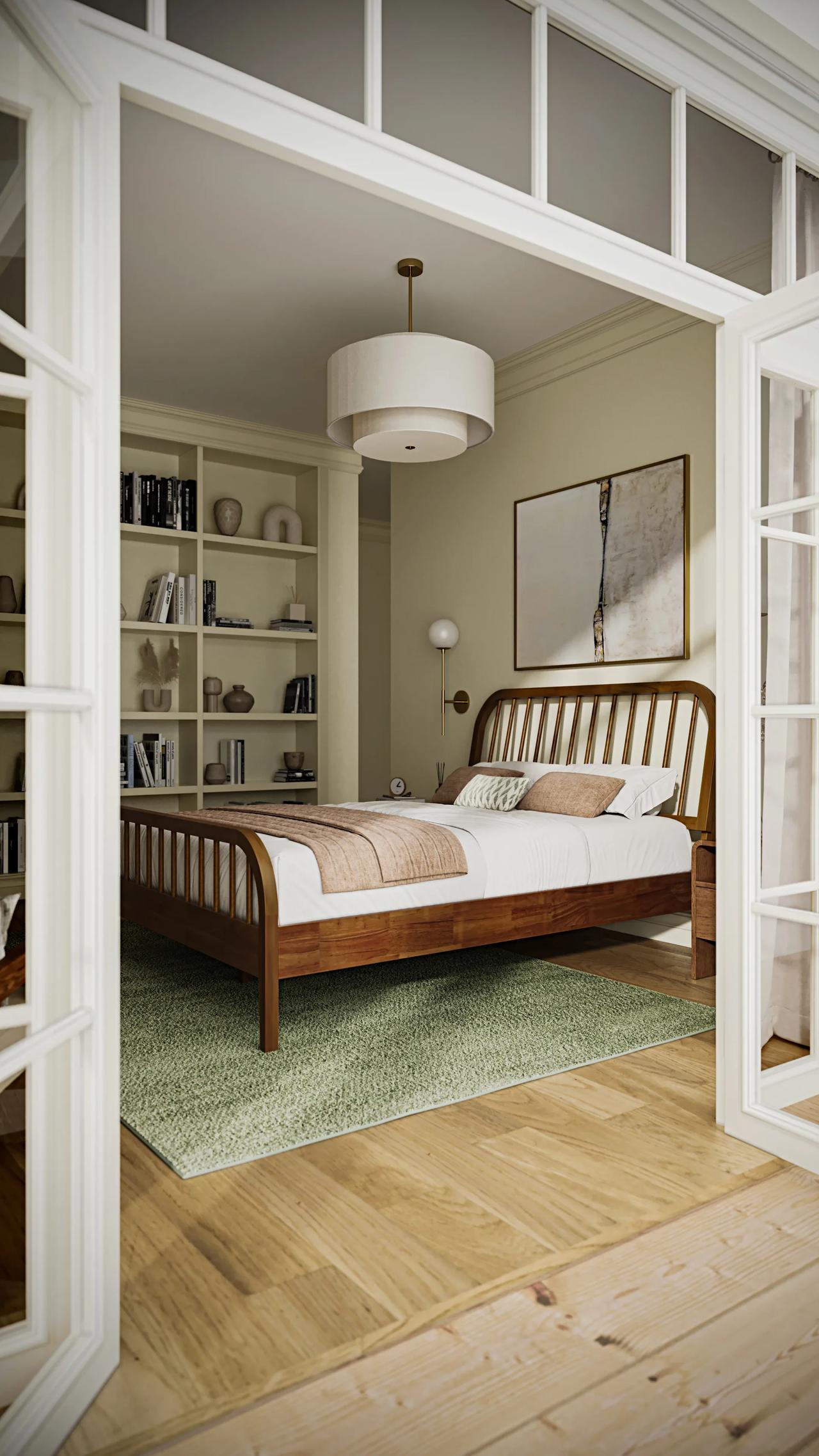 A framed view through open white doors into a cozy sleeping space, featuring a slatted wood bed and sage green rug, showcasing high-quality 3d bedroom visualization.