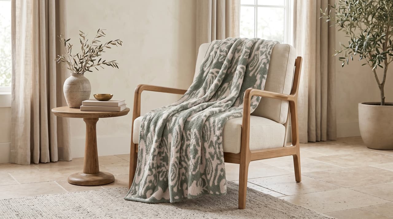 Cozy cream armchair with wooden frame draped in a green patterned throw blanket, next to a round side table with a decorative vase