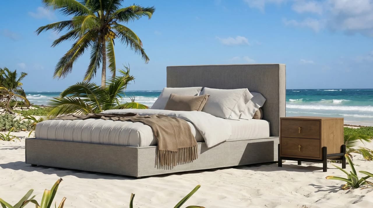 Photorealistic AI product visualization of a modern upholstered bed set on a tropical beach.