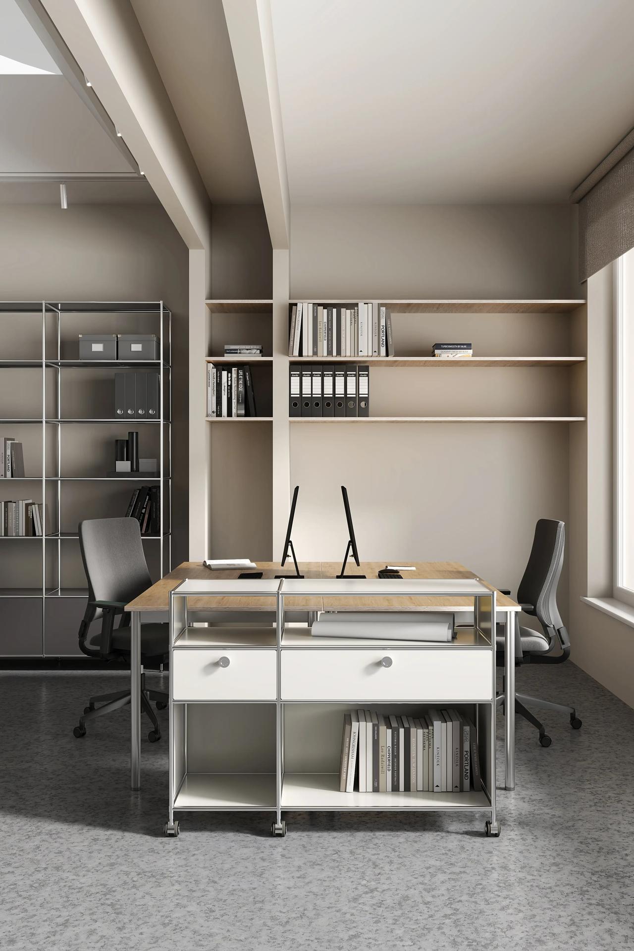 Vertical 3D visualization of a contemporary office setup with a dual desk, ergonomic chairs, and a low white modular cabinet acting as a desk extension.