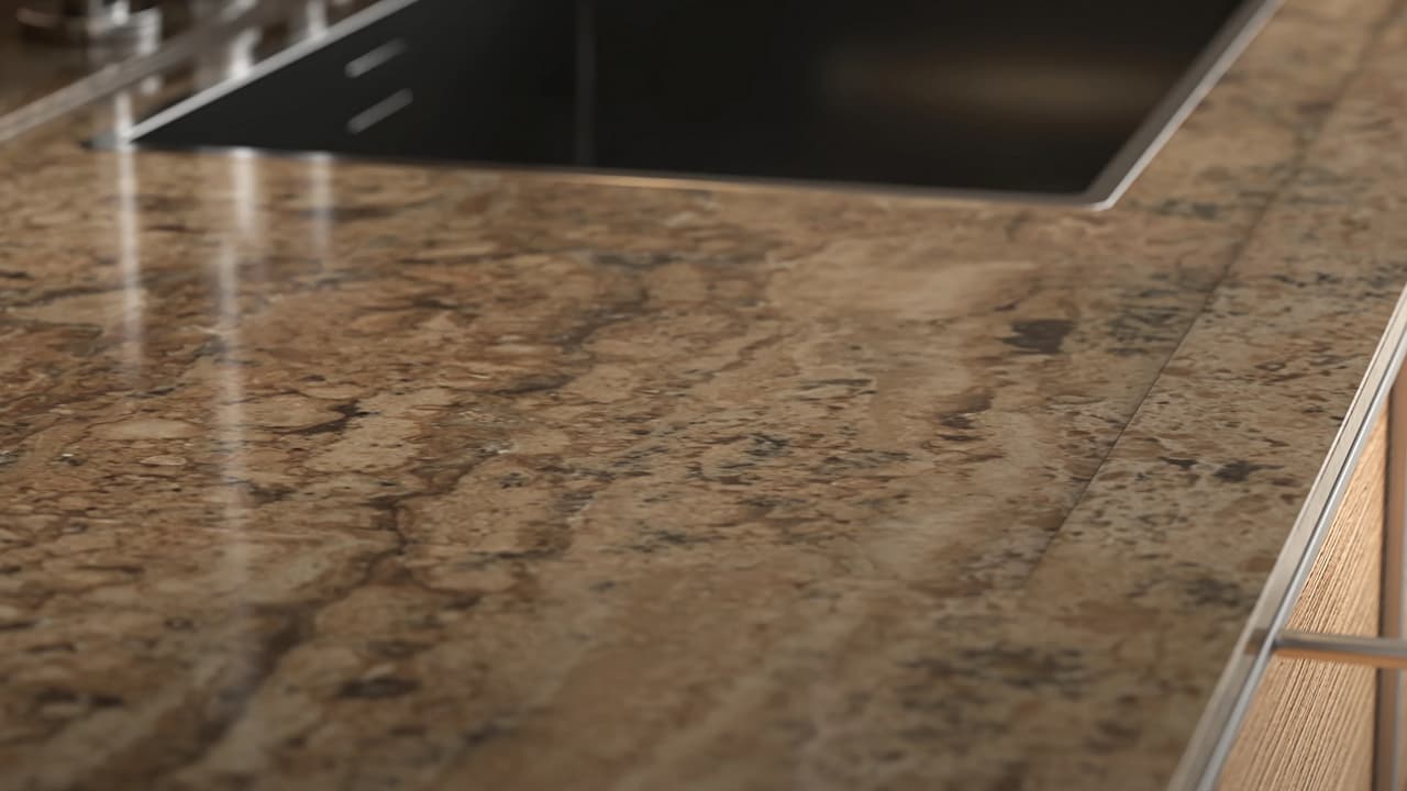Macro close-up cgi kitchen rendering of a polished natural stone countertop with an integrated induction hob and refined edge profiling