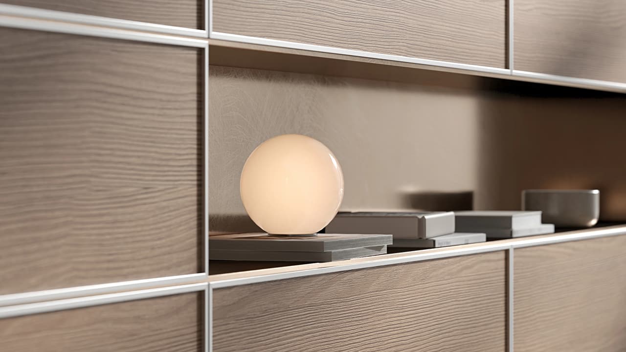 Detailed close-up 3d kitchen model rendering highlighting natural wood grain cabinetry, metal edge profiles, and ambient spherical lighting