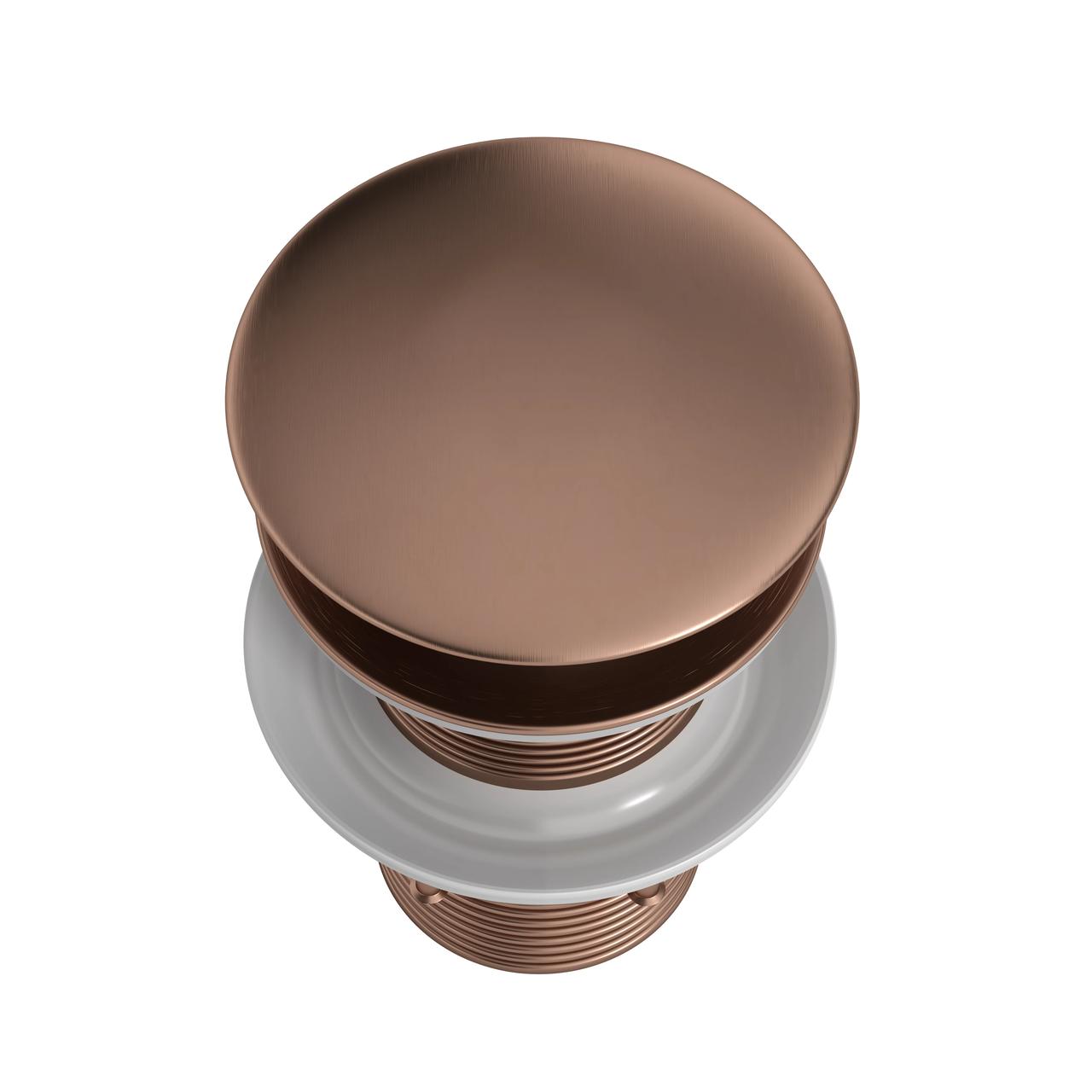 Top-angle studio render of a round bronze pop-up sink drain plug with silicone seal