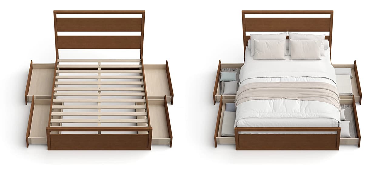 A side-by-side view of a wooden cgi bed frame with four open under-bed storage drawers on a white background. The left shows the empty slatted frame, while the right displays the bed fully made with white linens and the drawers filled with folded bedding.