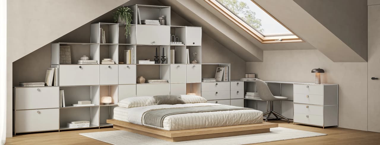 Photorealistic cabinet render of a attic bedroom, showcasing a white 3d cabinet perfectly customized to fit under a slanted ceiling, demonstrating the ultimate versatility of their modular furniture.