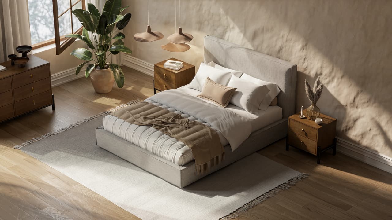 High-angle view of a warm, sunlit bedroom featuring a grey upholstered bed and wooden nightstands against a textured plaster wall, showcasing highly detailed 3d bedroom rendering.