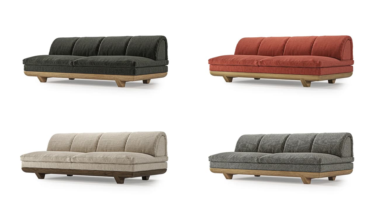 Grid of four studio renders showcasing the 3D sofa model in different fabric colors: charcoal, terracotta, light beige, and textured grey.