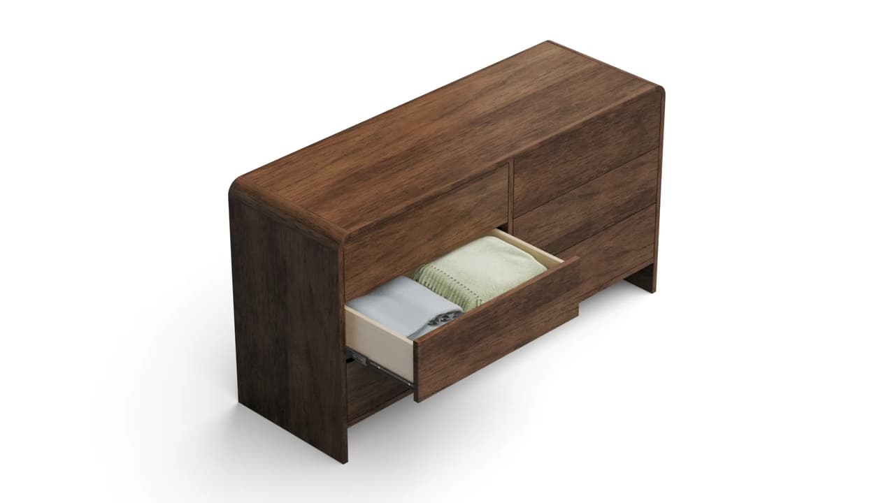 High-angle studio render of a wooden dresser with an open drawer showing folded clothes