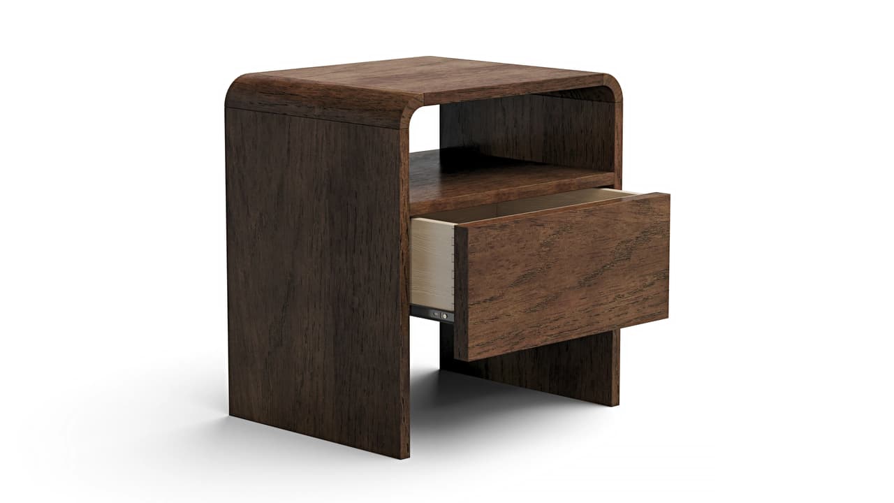 Three-quarter view studio render of a modern dark wooden nightstand with an open shelf and pulled-out drawer