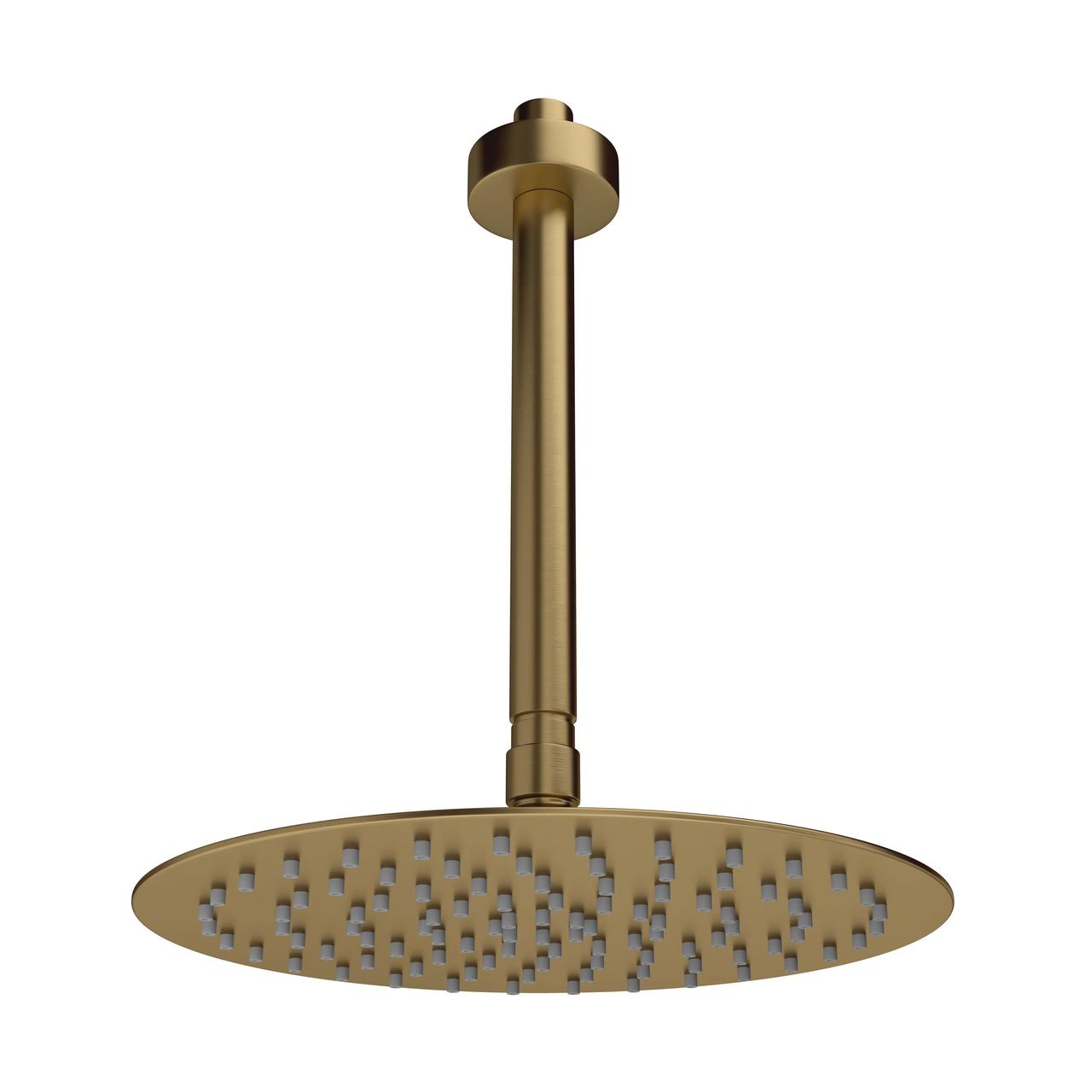 Bottom-angle white background render of a round brass rain shower head with nozzles