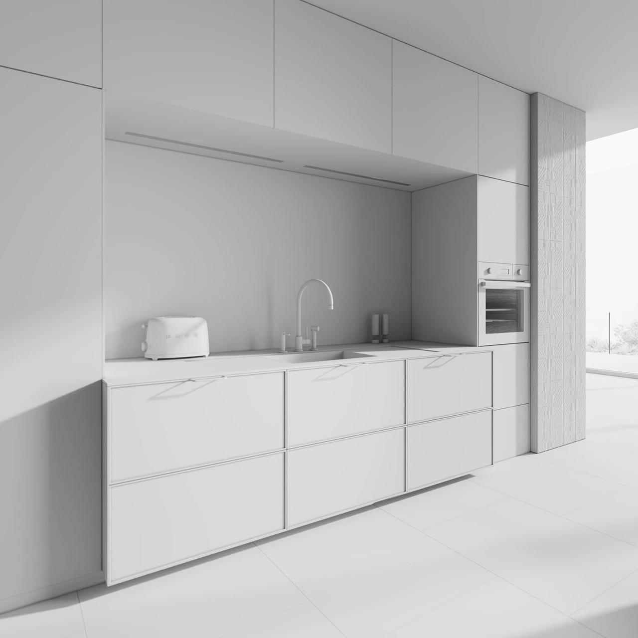 Monochrome 3d kitchen rendering of a modern wall cabinet setup with integrated sink, built-in oven, and clay texture detail