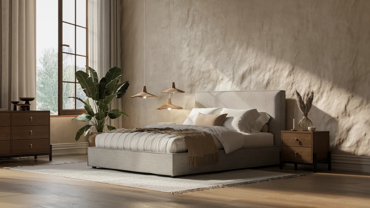 CGI rendering of a modern bedroom interior featuring an upholstered bed, wooden nightstands, and textured wall with warm sunlight.