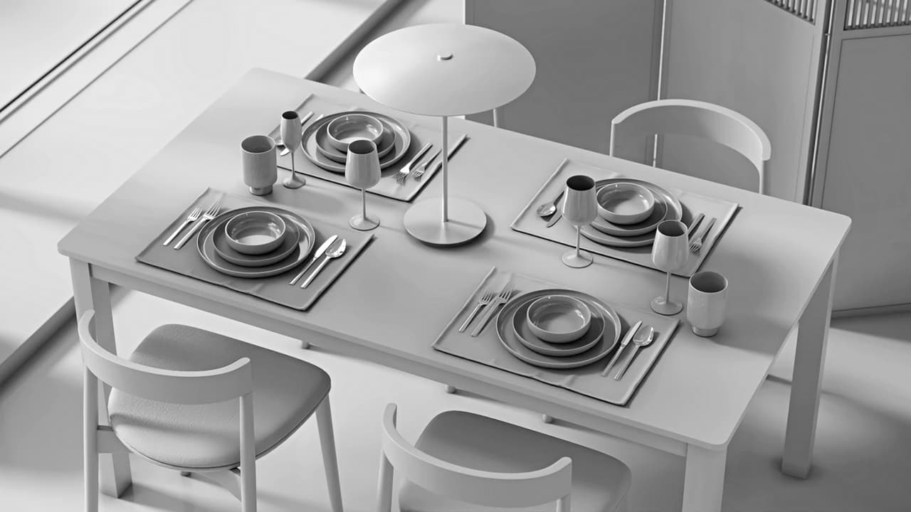 Clay render top-angle view of a set dining table with four place settings, modern chairs, plates, cutlery, glasses, and a minimal table lamp