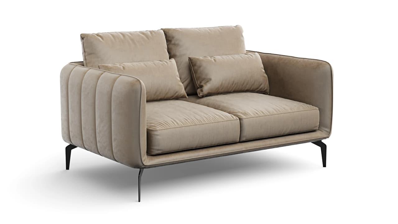 Three-quarter view studio render of a beige upholstered loveseat with vertical channel tufting and black metal legs