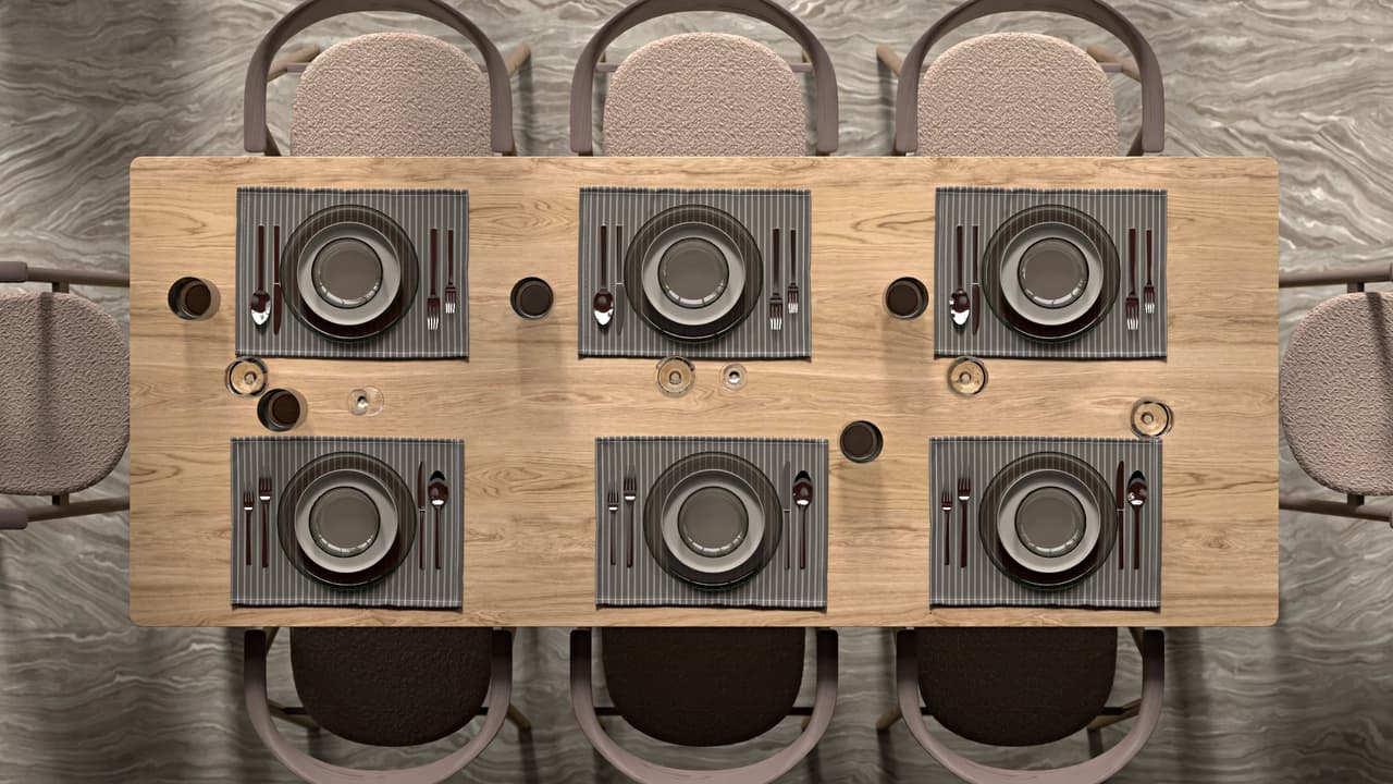 Top-down view of a beautifully set wooden dining table for six, featuring textured chairs and dark tableware to highlight realistic 3d table rendering.