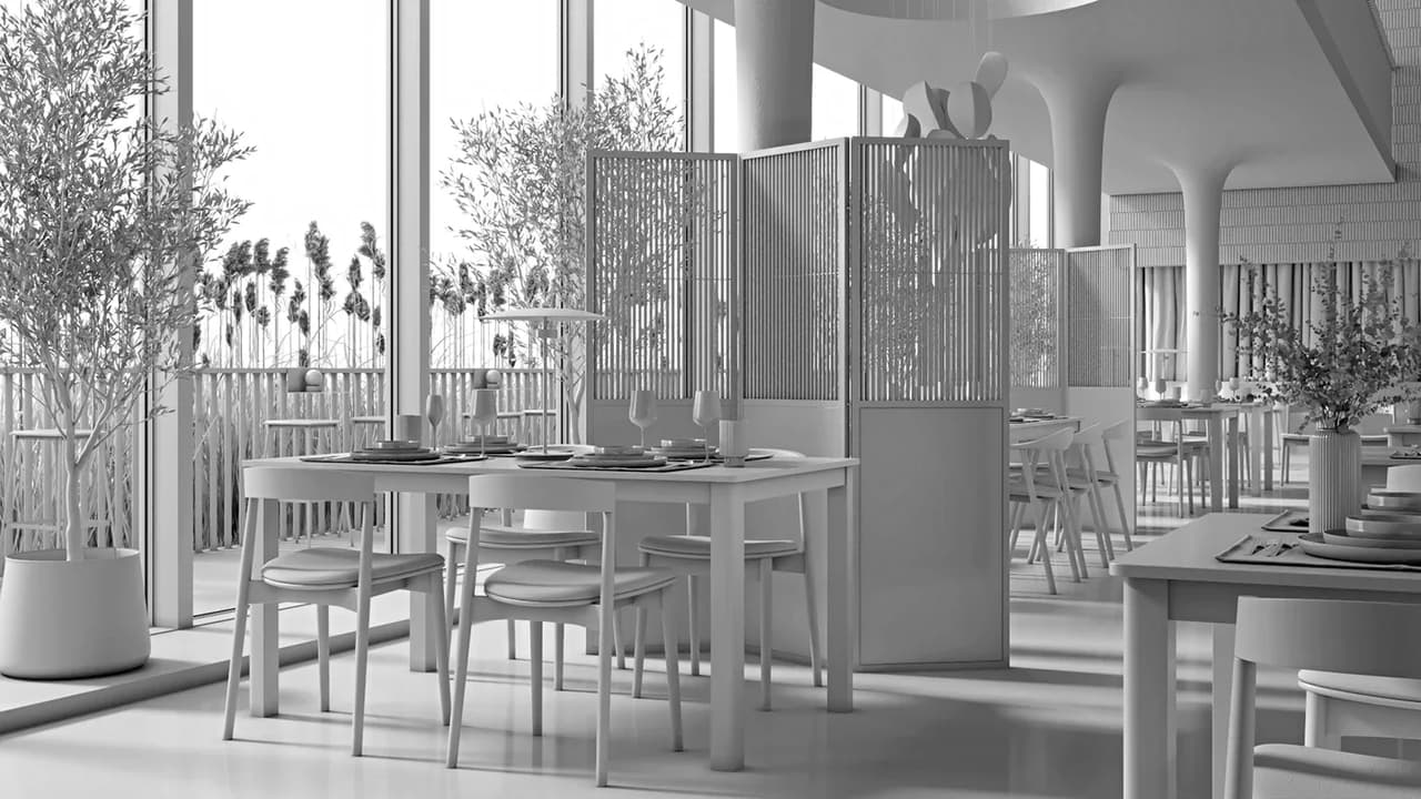 Clay render overview of a modern restaurant interior showing wooden dining sets, decorative wooden partitions, and large floor-to-ceiling windows