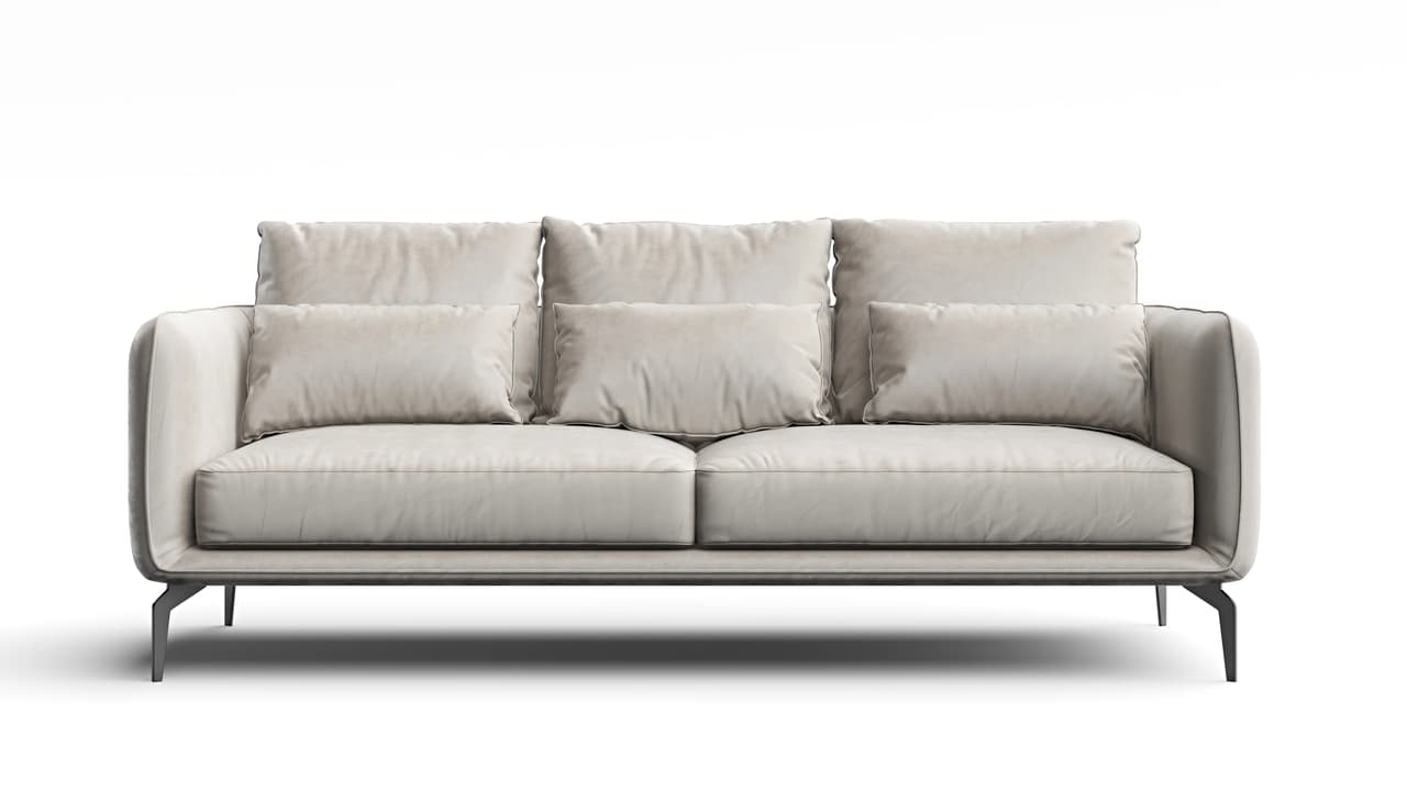 Front view studio render of a modern upholstered sofa with soft back cushions and thin metal legs
