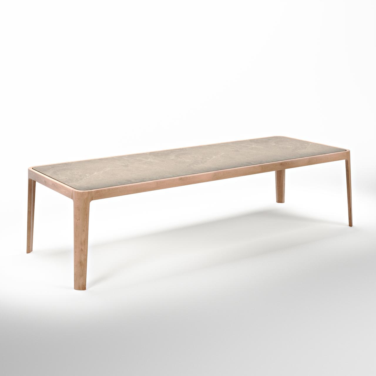 Three-quarter view studio render of a rectangular dining table with a stone top and wooden legs