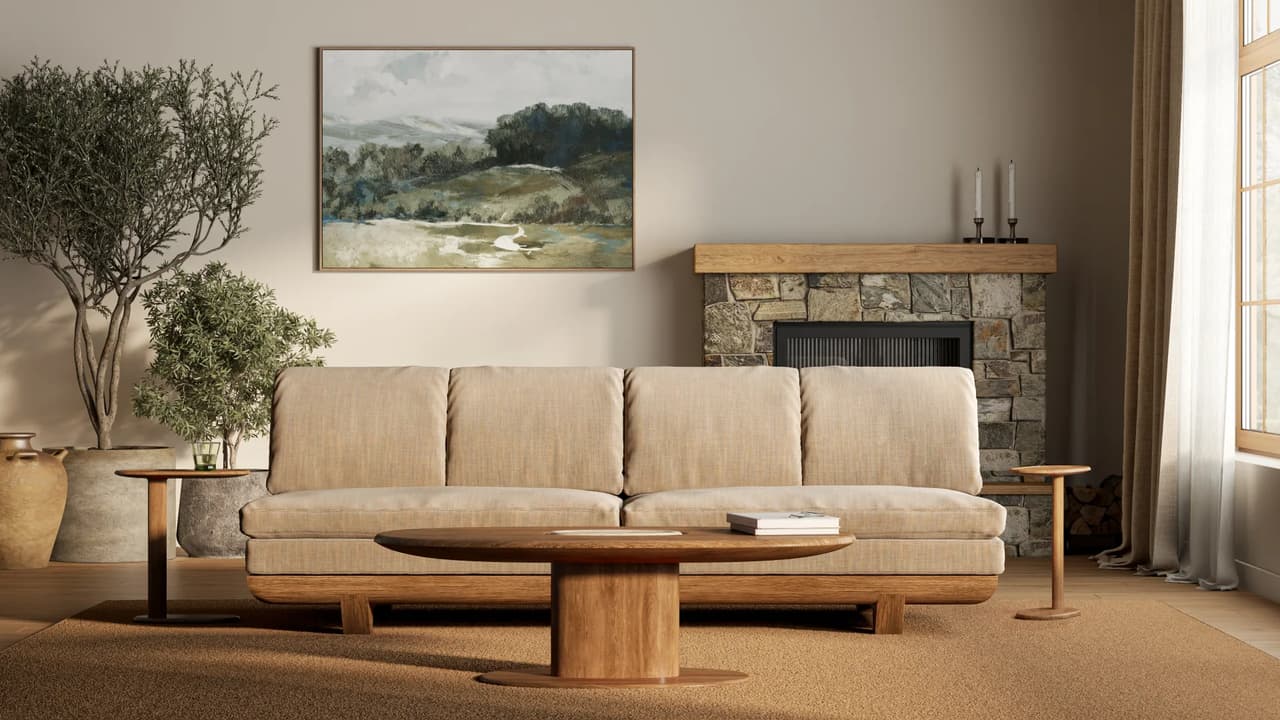 Warm living room 3D visualization featuring the beige 3d sofa and an oval wooden 3d coffee table, styled with a stone fireplace and natural sunlight.