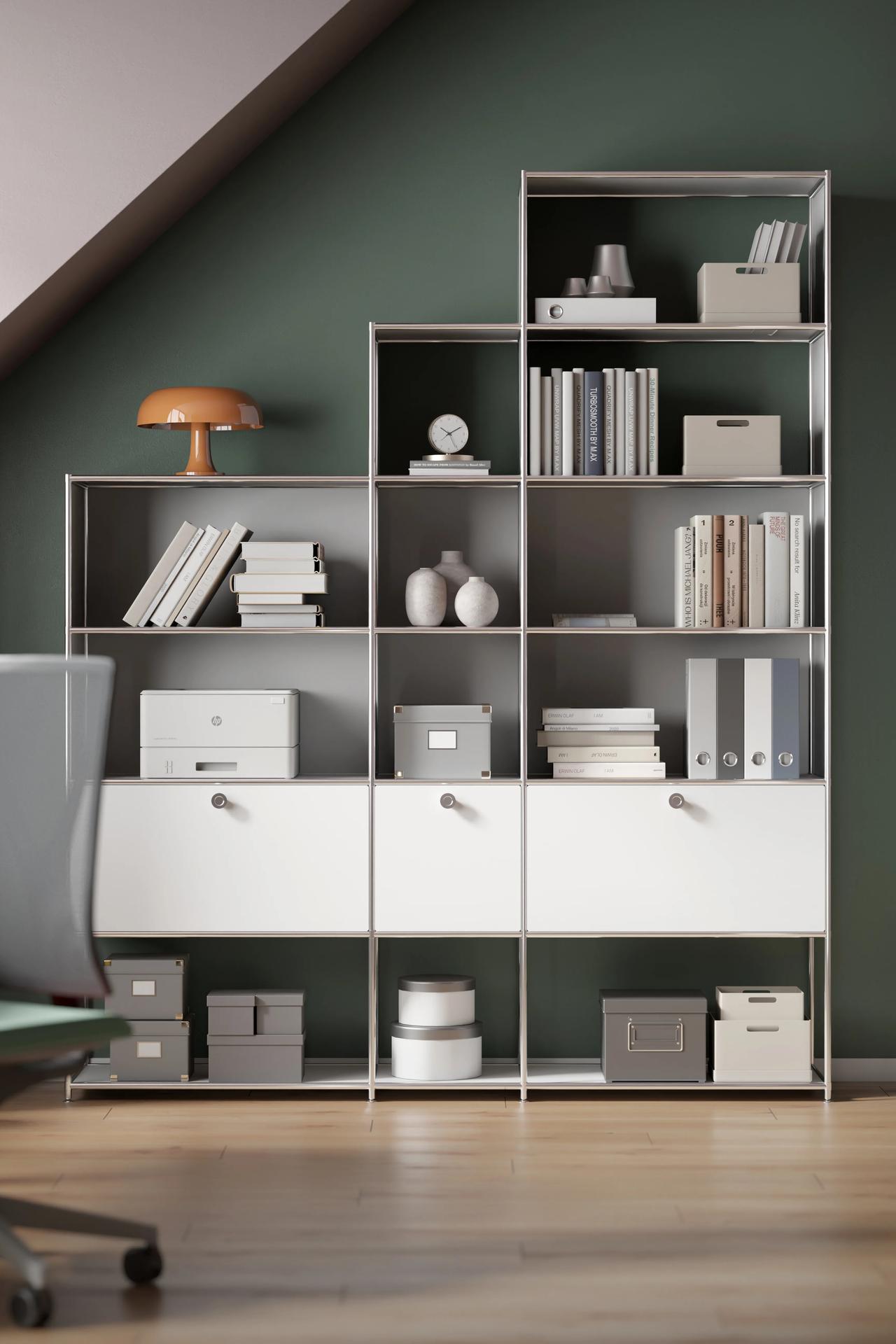 Vertical 3D visualization of a tiered modular shelving unit filled with office supplies and books, placed beneath a sloped roof in a modern home interior.