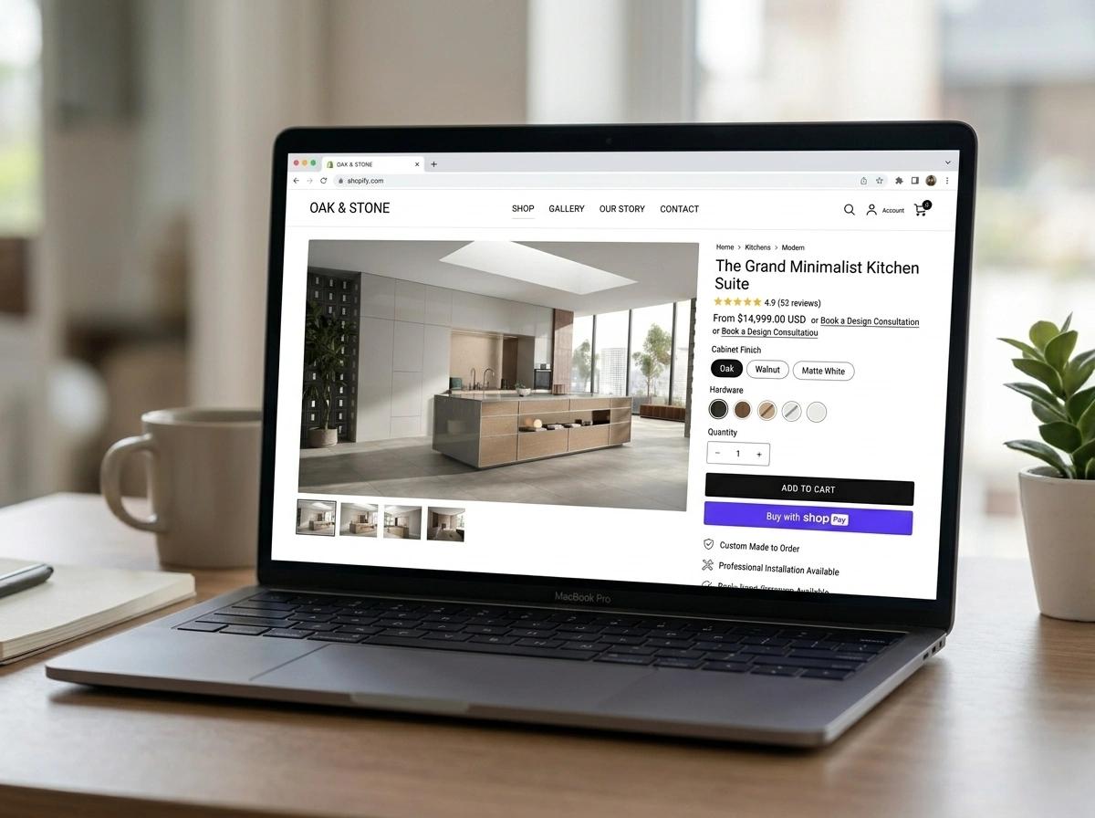 Open laptop on a modern kitchen island showing a furniture e-commerce product page, flanked by a coffee mug and a potted green plant