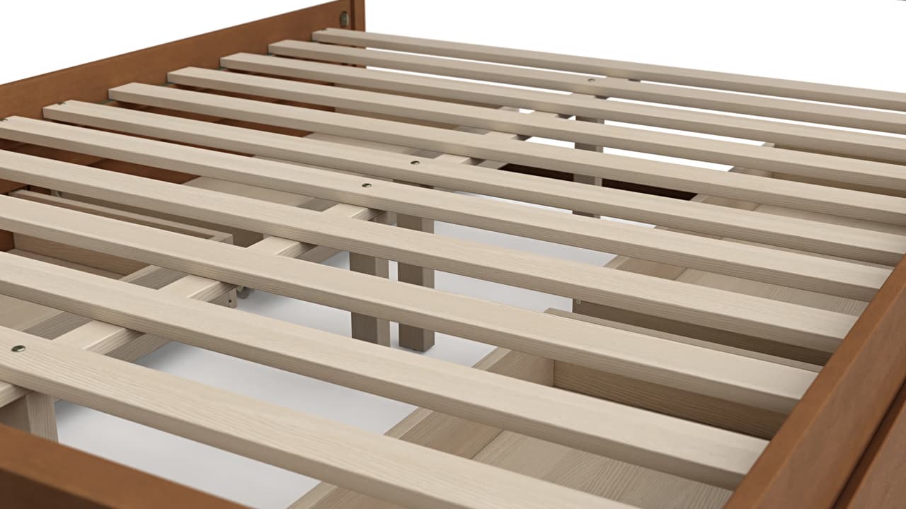 Close-up studio render showing the wooden slats and frame structure of a bed base