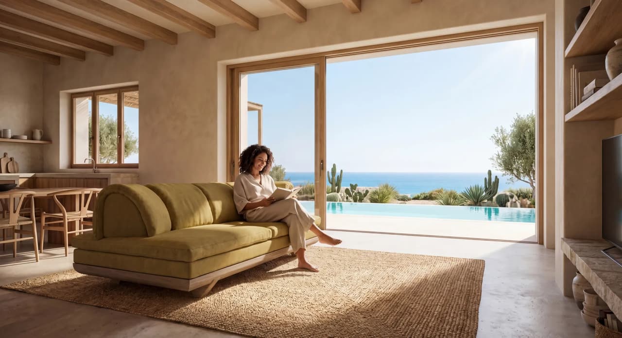 Modern mustard-yellow sofa with an integrated AI-generated woman reading in a luxury coastal home with an ocean view.