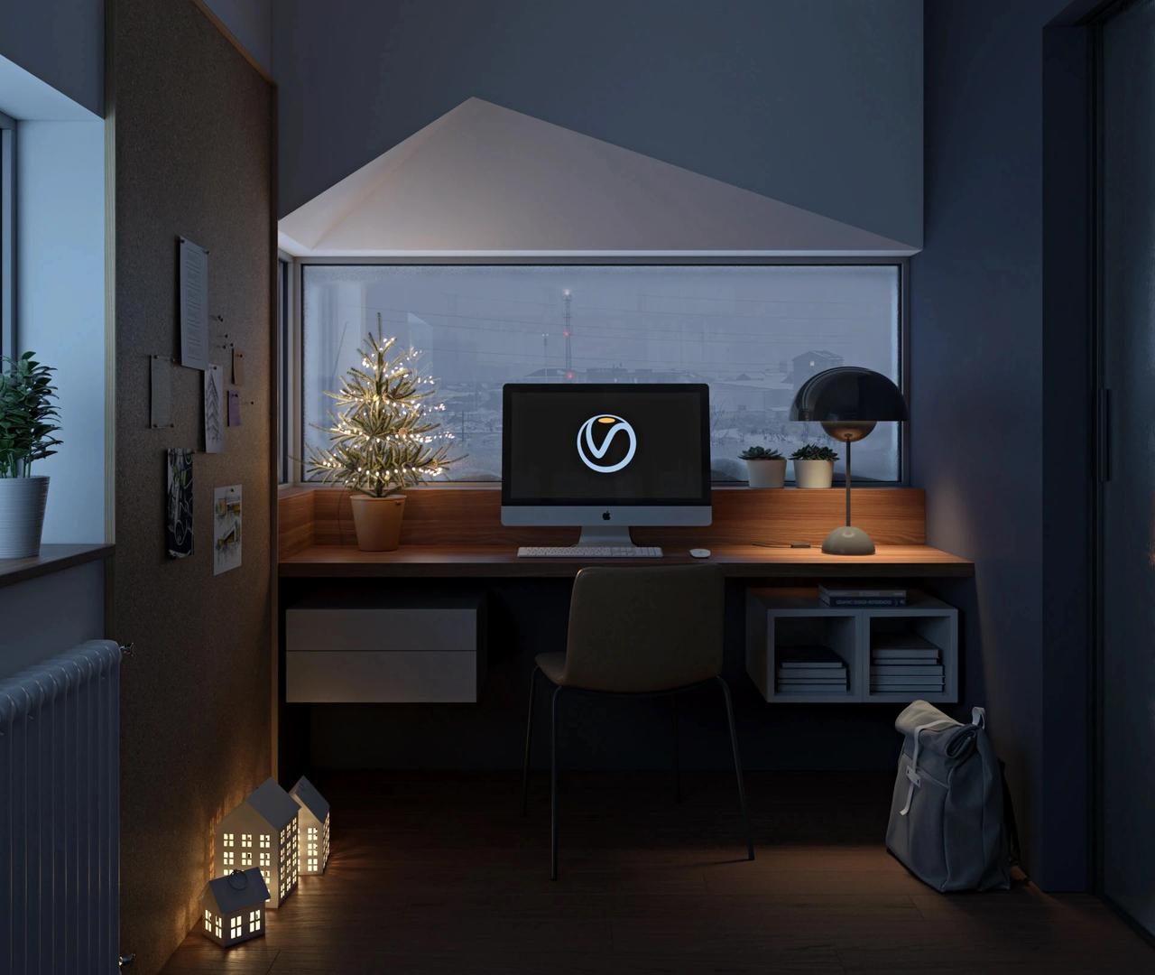 A moody evening view of a cozy home 3d office nook. A wooden built-in desk faces a panoramic window overlooking a cool twilight cityscape, contrasted by warm indoor lighting from a desk lamp, a small glowing Christmas tree, and illuminated decorative paper houses on the floor.
