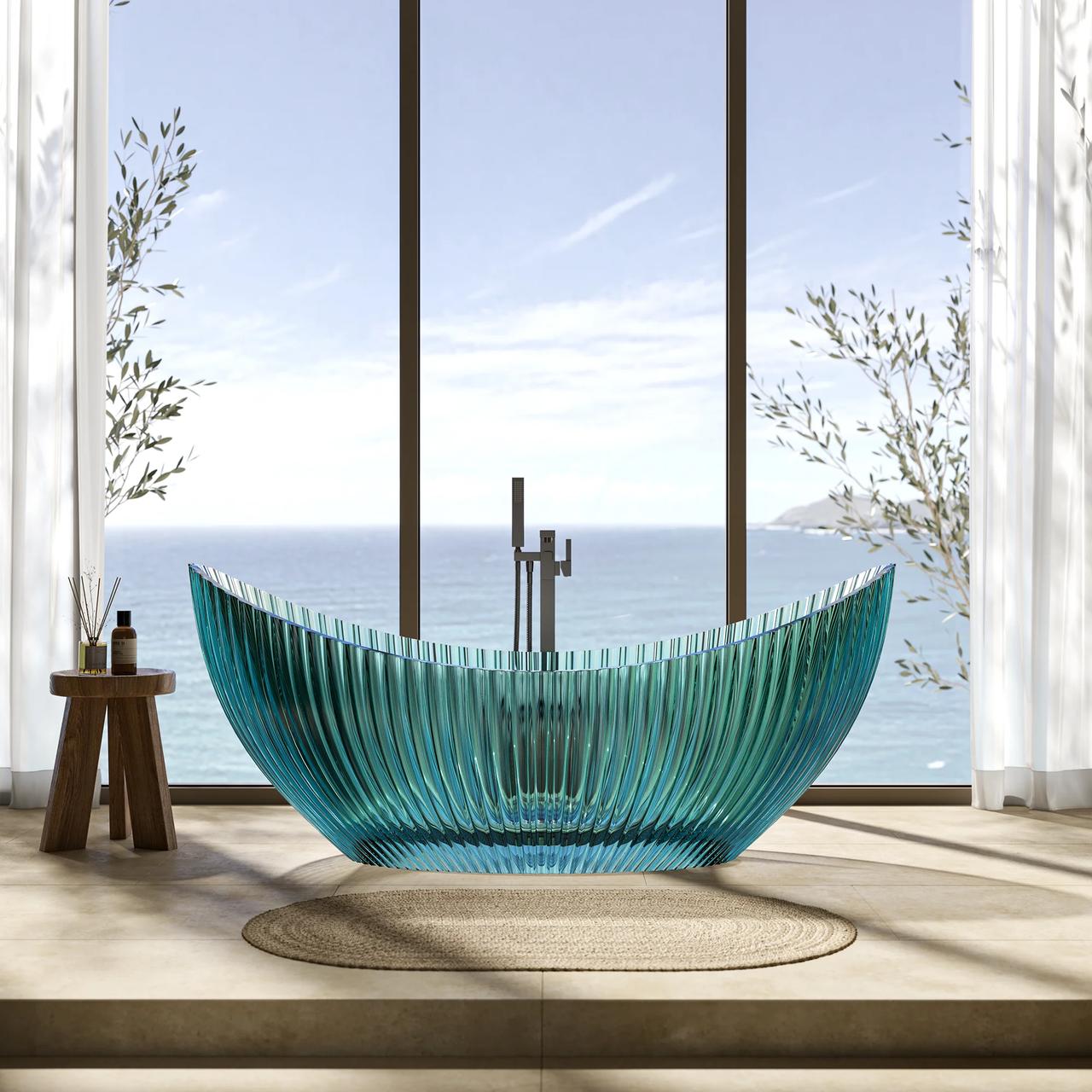 A luxurious bright cgi bathroom featuring a vibrant turquoise freestanding bathtub with a ribbed texture, set on a wooden platform. Floor-to-ceiling windows with sheer curtains reveal a serene ocean view, while a small wooden stool with toiletries and a floor-mounted black faucet complete the scene.