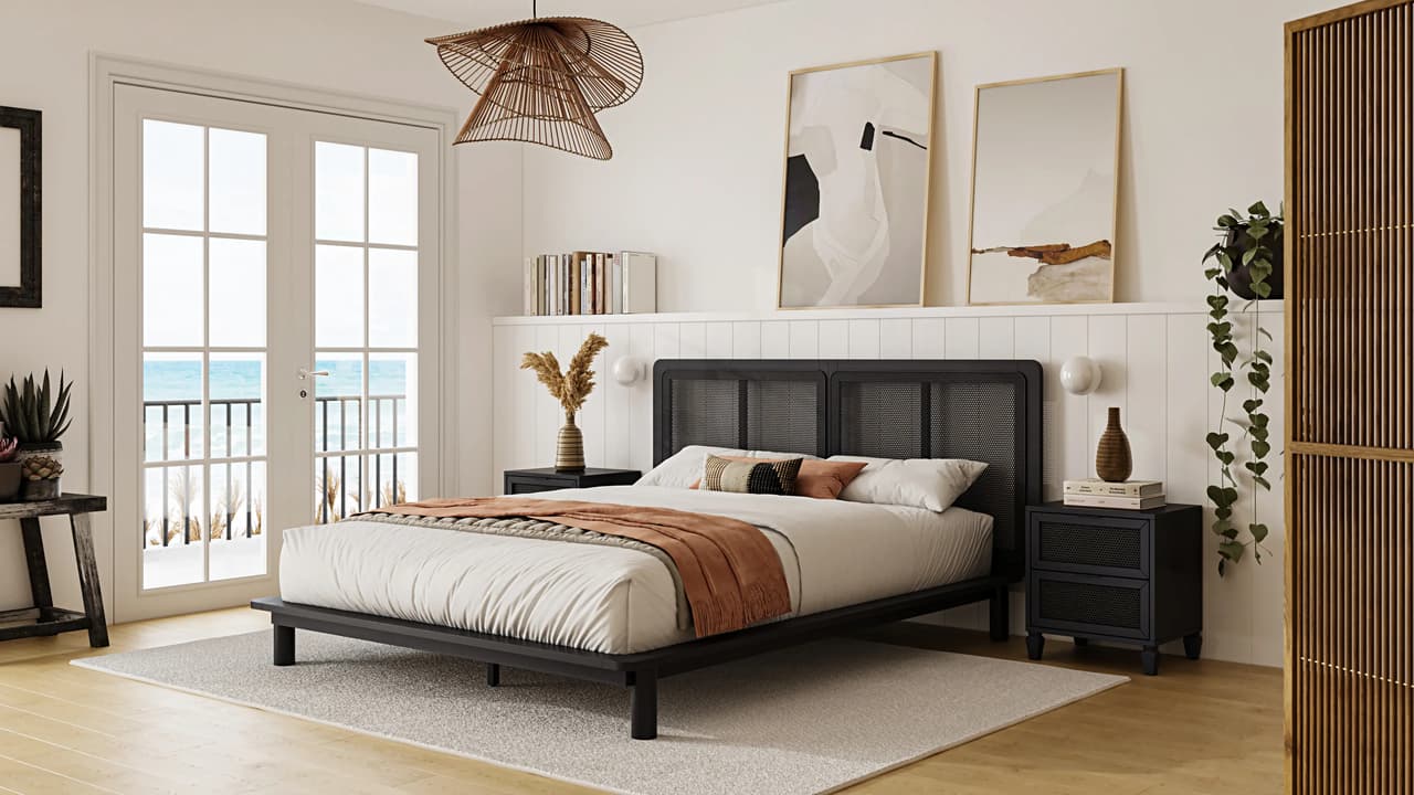A bright coastal 3d bedroom featuring a black woven bed and matching nightstands on a light rug. Sunlight streams through French doors revealing an ocean view, highlighting the white paneled walls, abstract art, and a woven pendant light.