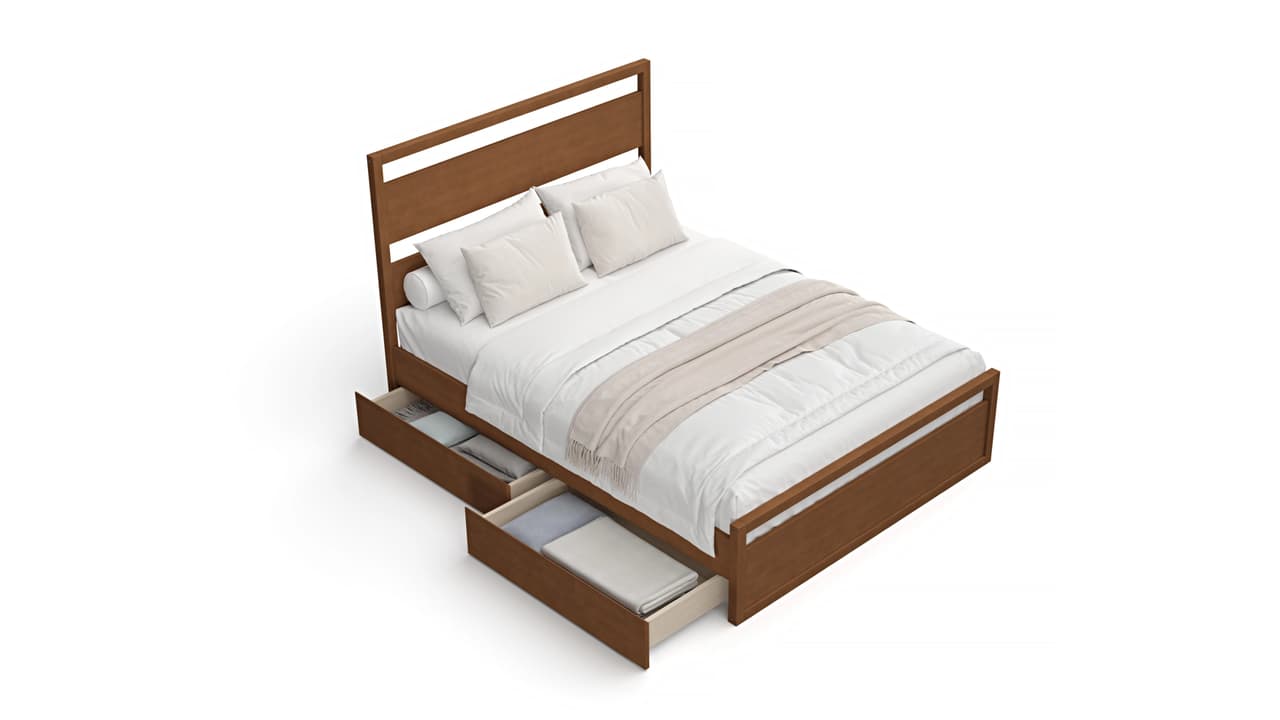 An isolated 3D render of a wooden bed frame featuring built-in storage drawers pulled out to show extra bedding. The bed is neatly styled with crisp white sheets, a beige throw blanket, and stacked pillows, shot on a pure white background.