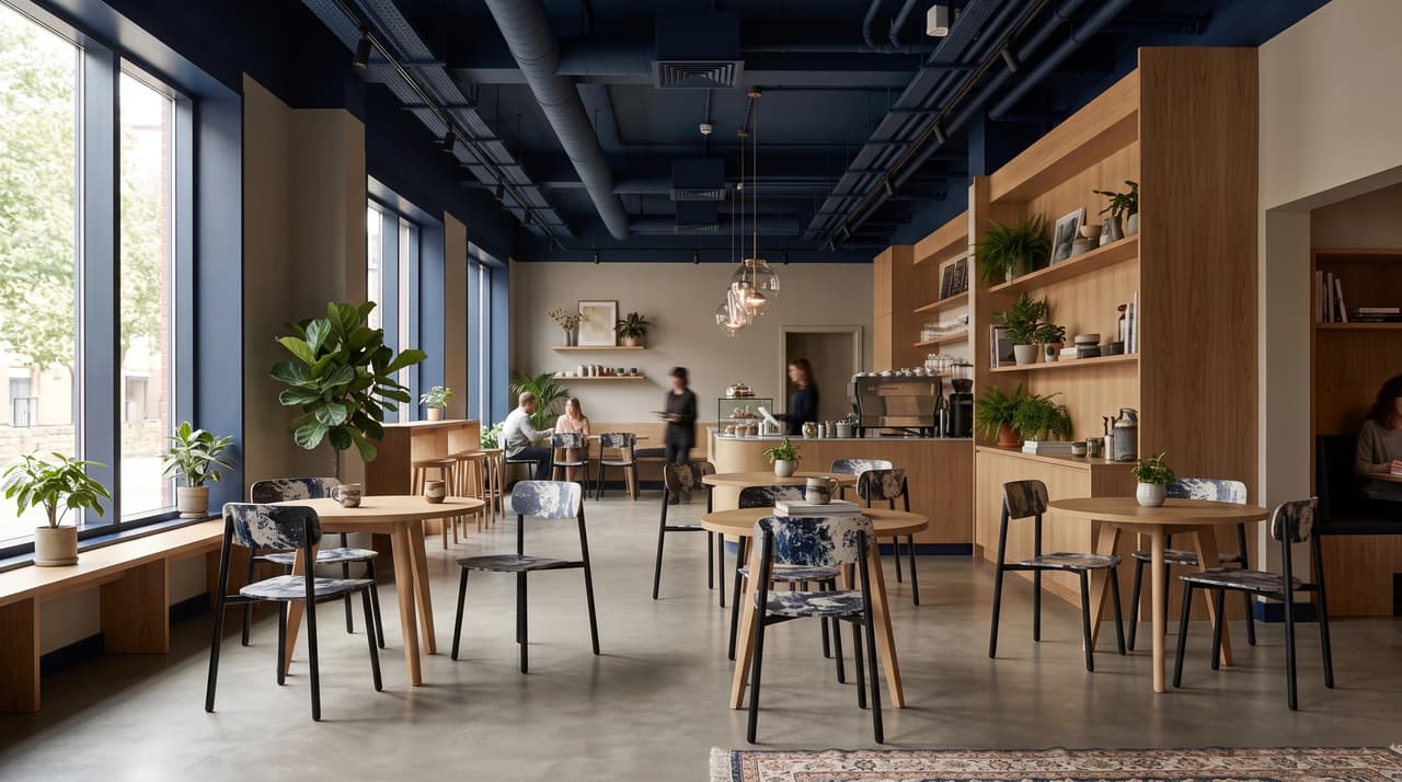 Photorealistic AI product visualization of modern wooden chairs and dining tables in a cafe interior with AI people.