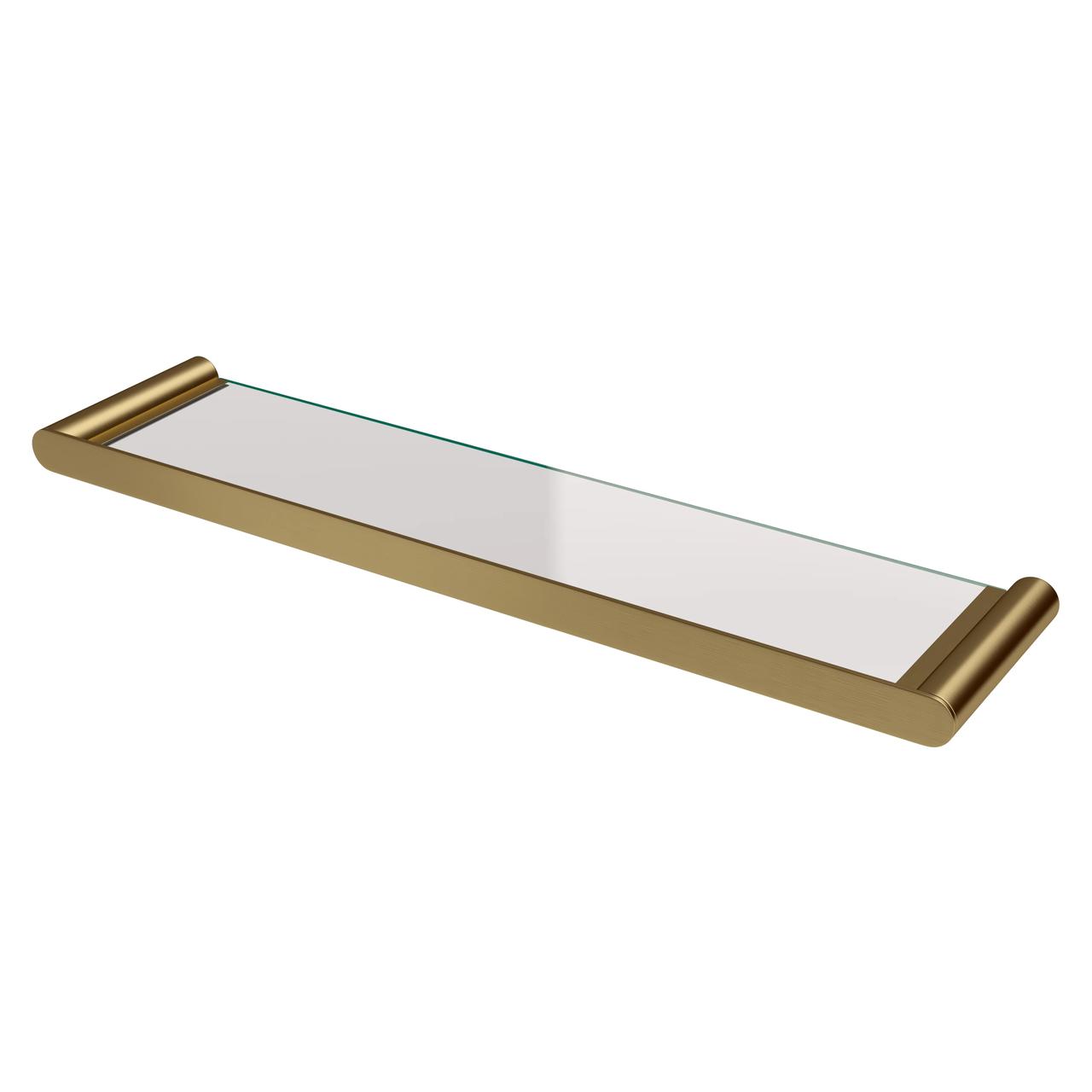 Three-quarter view studio render of a modern glass bathroom shelf with brass mounting frame