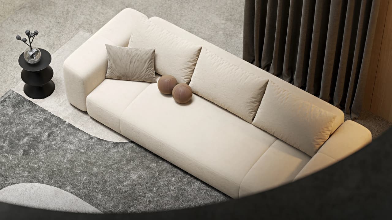 Artistic 3d visualization of a modern cream modular sofa with spherical pillows in a minimalist art-directed interior setting.