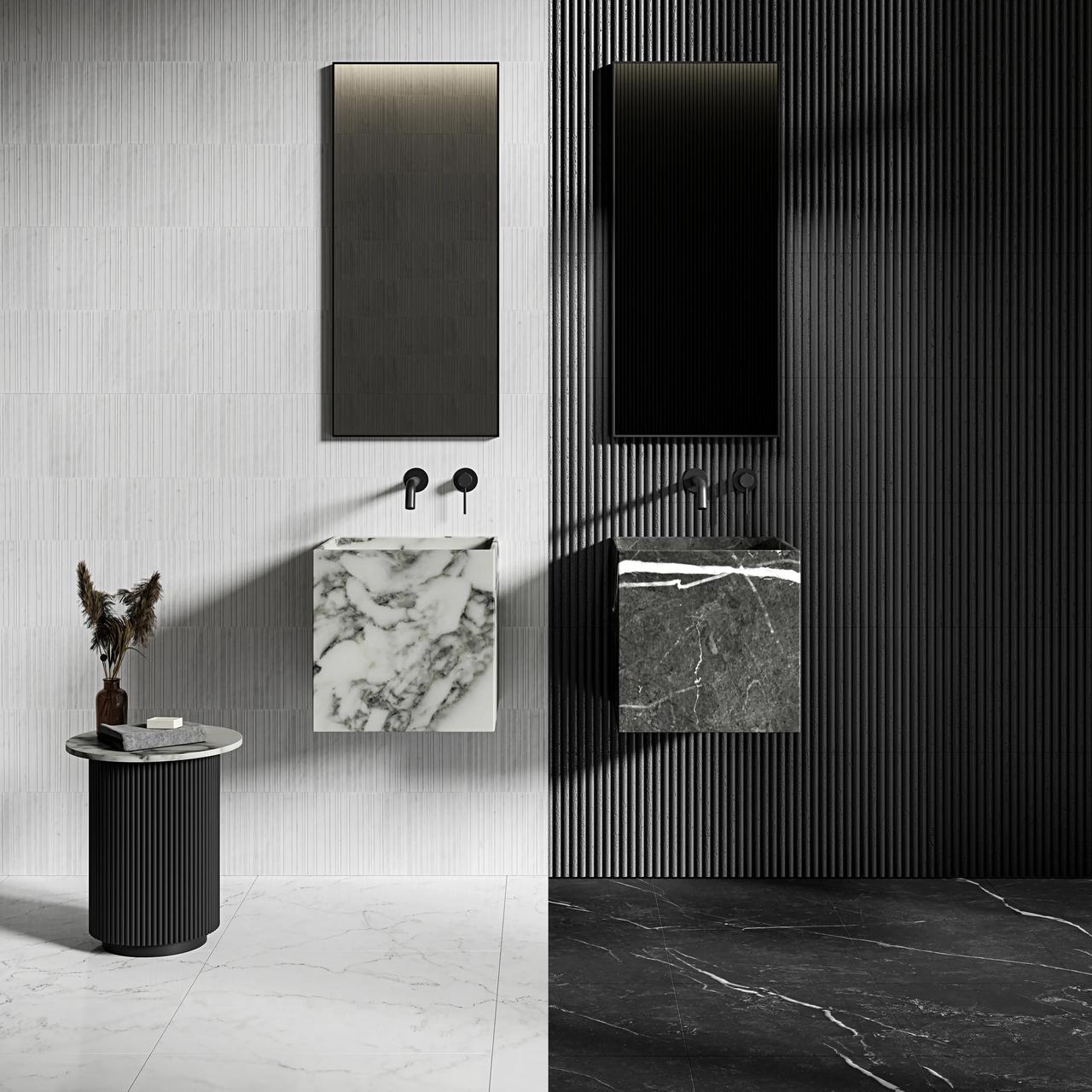 3D bathroom rendering showing white and black marble washbasins with fluted wall panels for Nosa case study