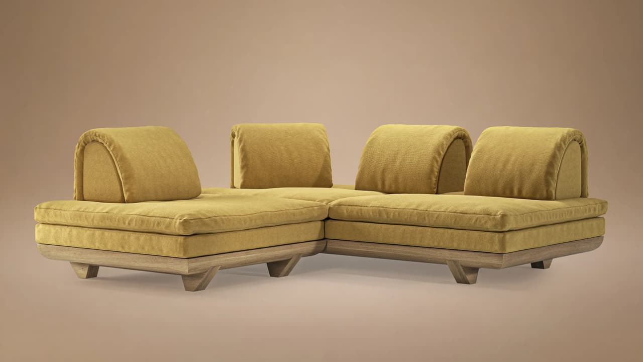 Studio 3D render of the mustard yellow sofa configured in an L-shape, highlighting its versatile modular 3d sofa design on a warm beige background.