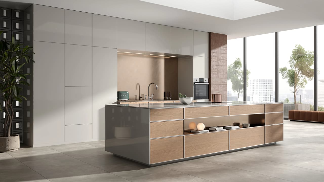 A spacious sunlit modern 3d kitchen featuring sleek white cabinets and a large island with wooden drawers.