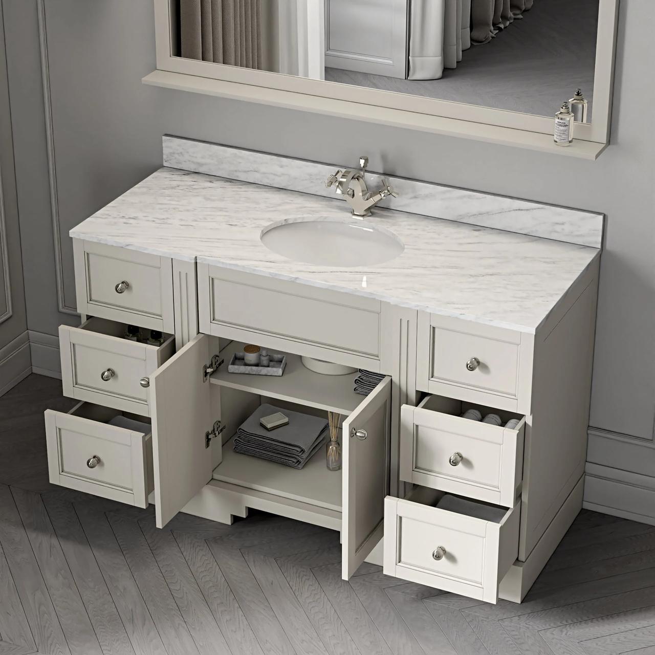 A classic light grey bathroom vanity with a marble countertop and open drawers, showcasing detailed 3d product rendering of internal cabinet storage.