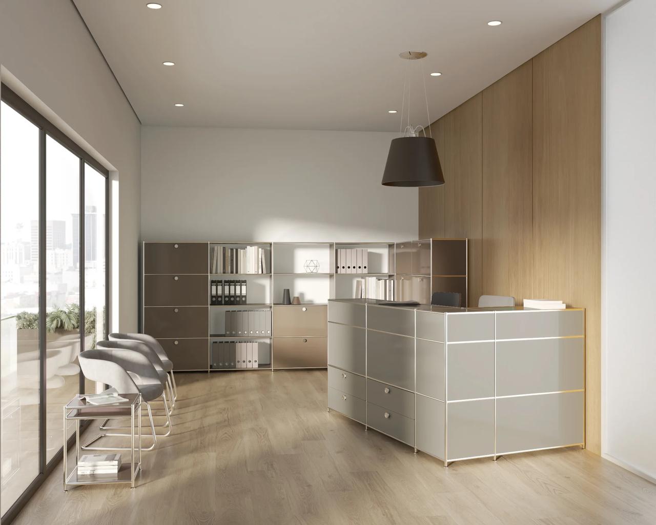 Photorealistic CGI render of a bright modern reception area, featuring a custom desk and back wall storage built entirely with office modular furniture.