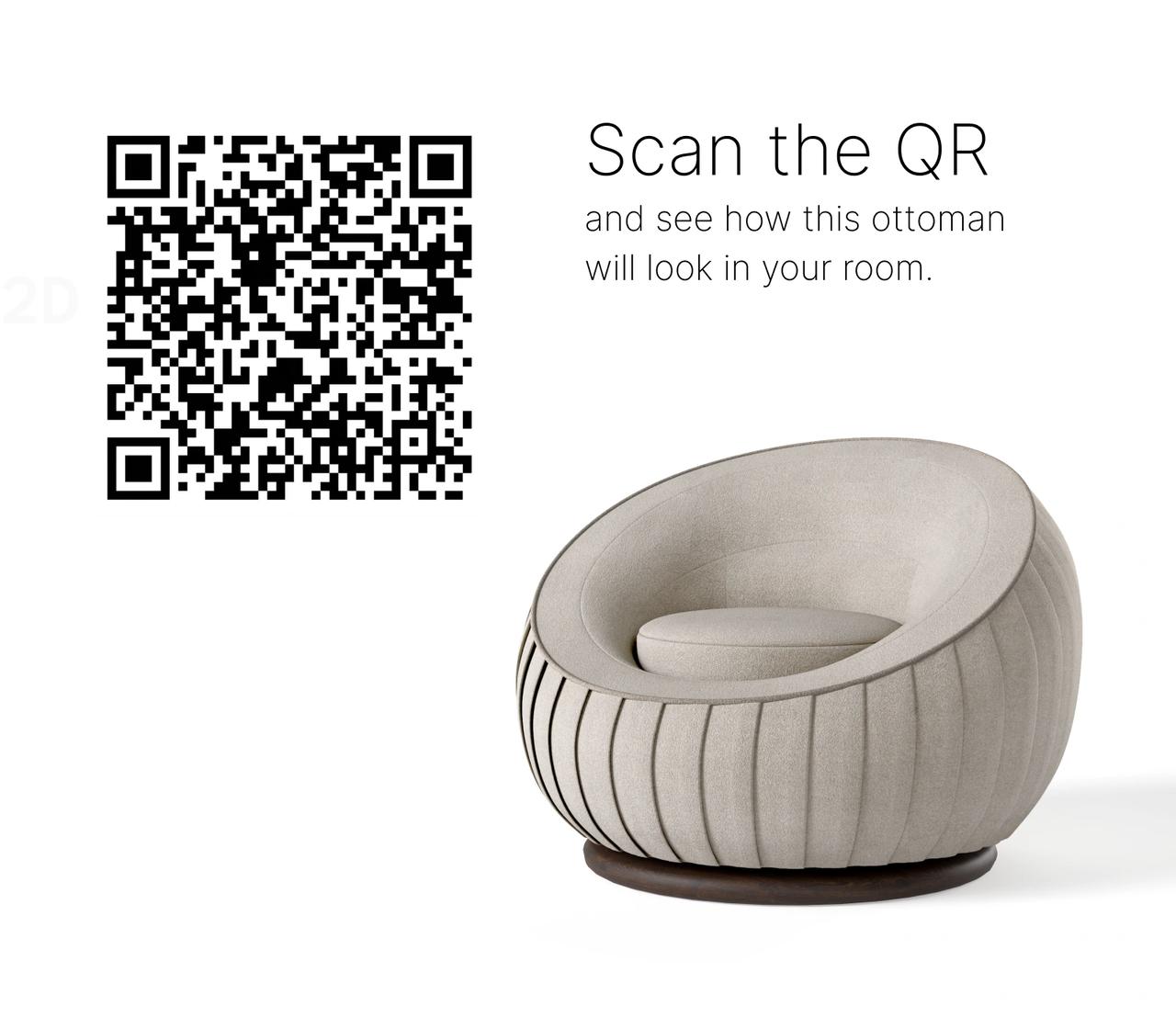 An AR-ready 3D furniture model of a modern round pleated ottoman displayed next to a QR code for augmented reality smartphone visualization.