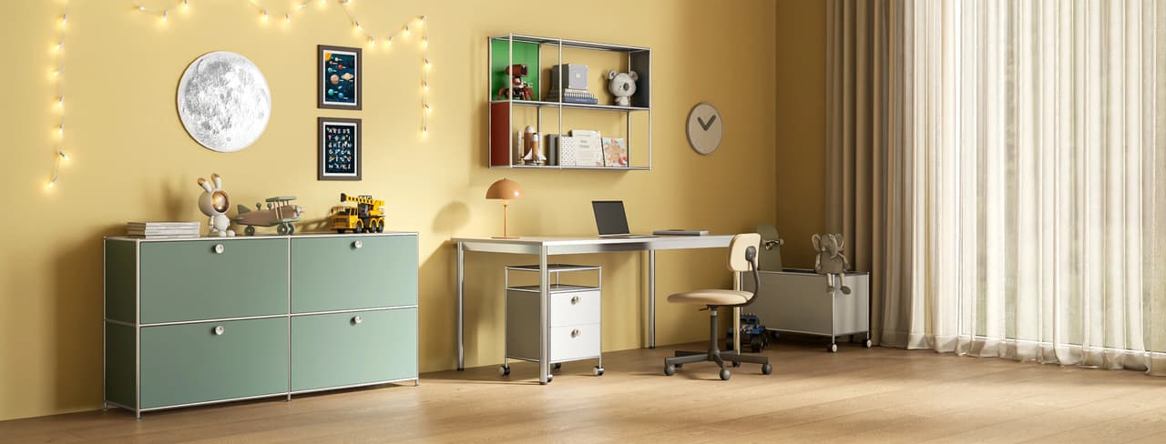 A cozy home interior showing versatile 3d cabinet design, with modular furniture used as a green dresser and wall shelves in a child's bedroom.