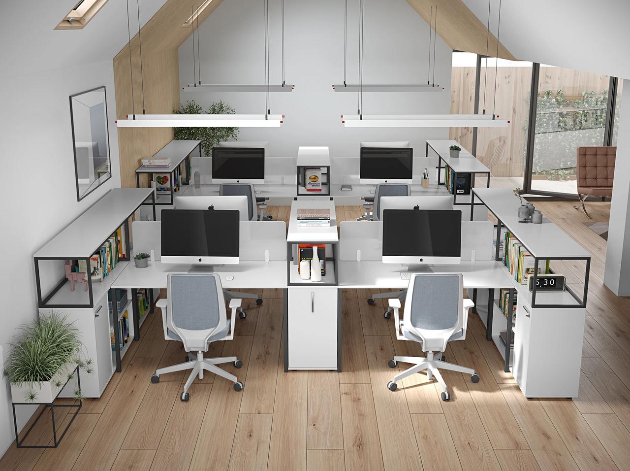 A top-down view of a bright 3d office space located in an attic with sloped wooden ceilings. The center features symmetric white workstations with grey ergonomic chairs, computer monitors, integrated shelving, and suspended linear LED lights over light wood flooring.