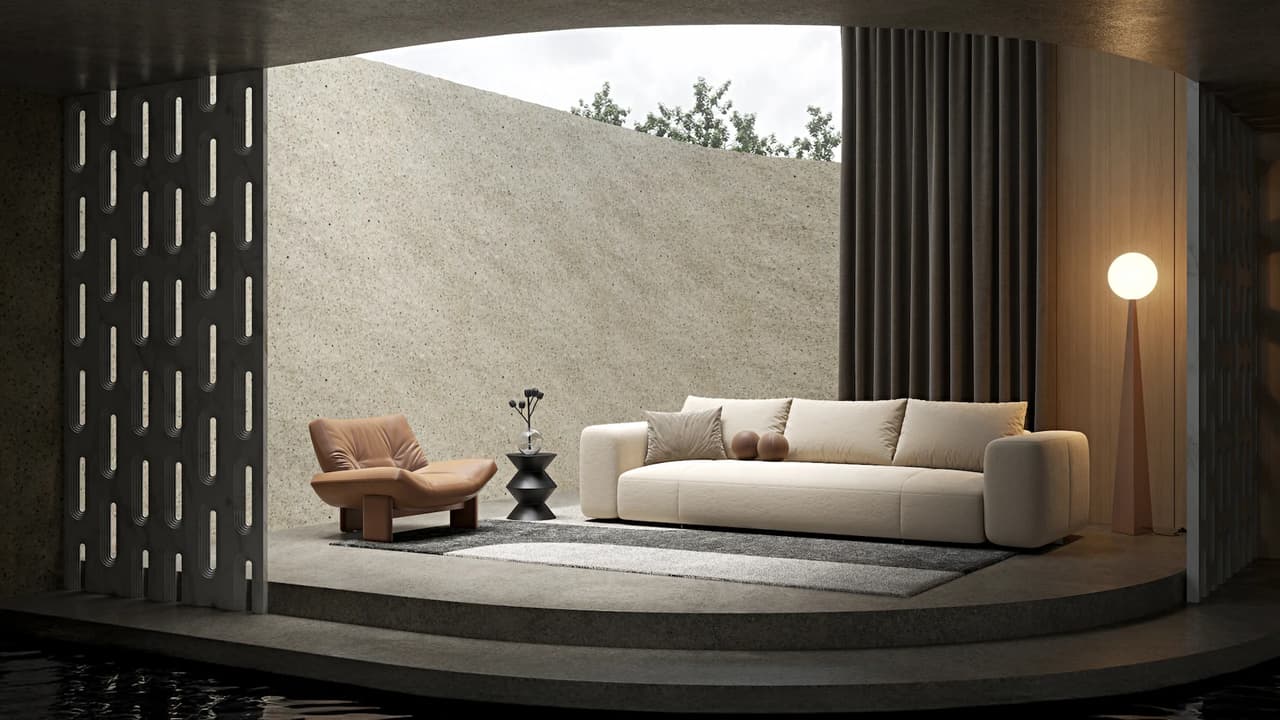 Artistic 3D interior of a minimalist lounge area with a modern white sofa and brown chair on a concrete platform, surrounded by a dark pool of water.