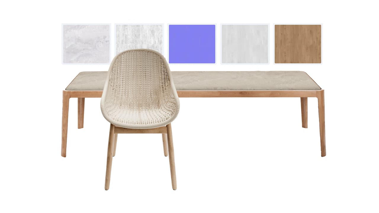 An isolated product render showing a light-colored woven outdoor dining chair and a long wooden table on a white background. Above the furniture, five material texture swatch cards display the intricate fabric weave and wood grain shadersю.