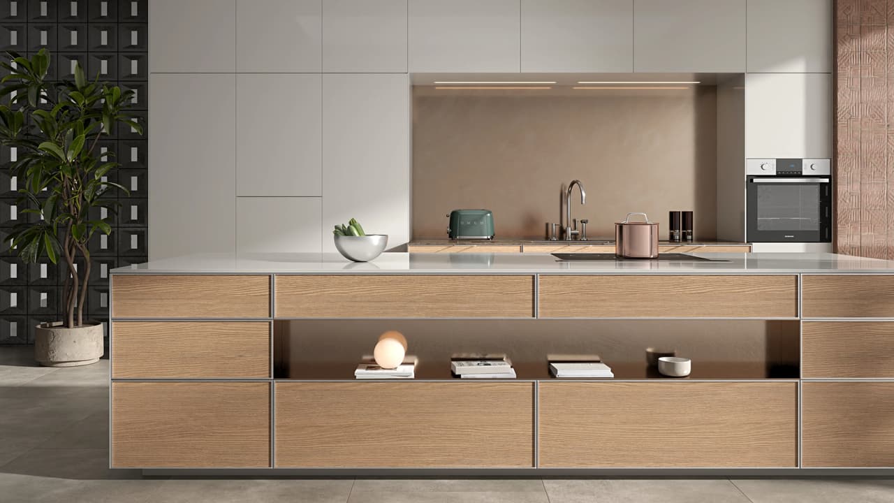 High-end 3D kitchen design featuring a modern minimalist interior with a wooden island, light integrated cabinets, and a warm metallic backsplash