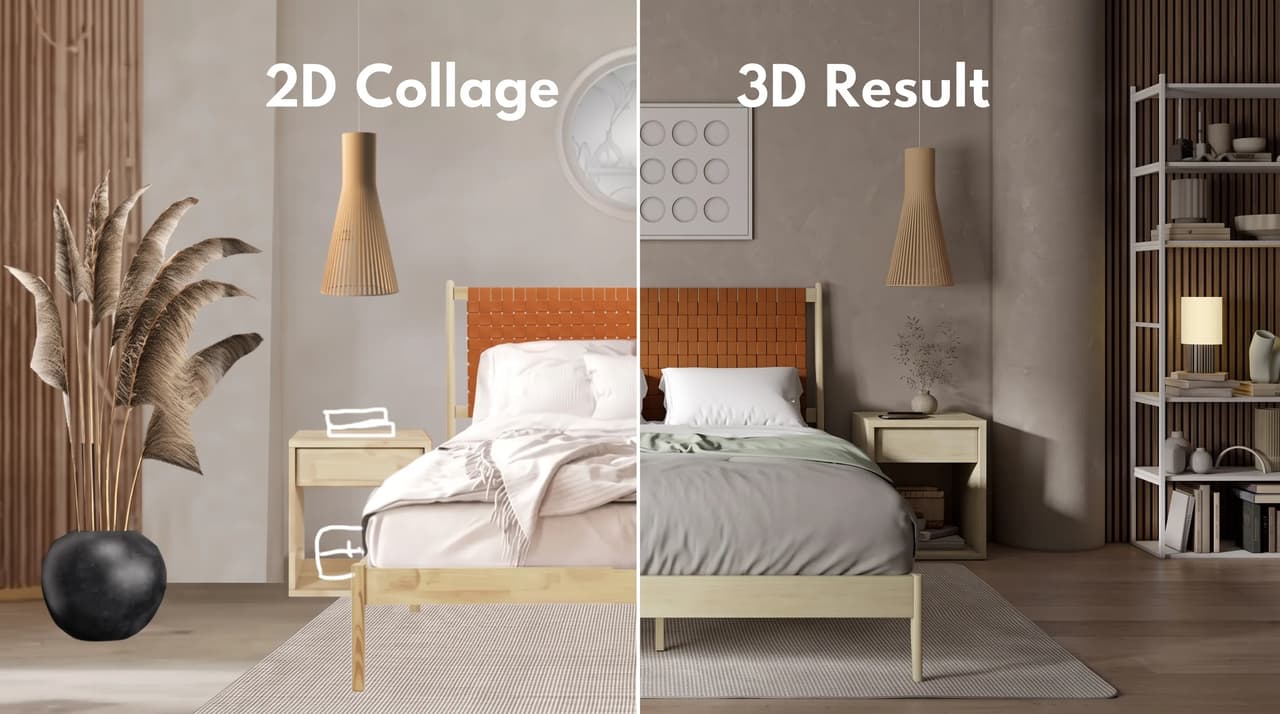 A side-by-side workflow image labeled '2D Collage' and '3D Result'. The left shows a rough interior draft with drawn outline accessories, while the right displays a fully rendered photorealistic bedroom with a wooden bed, woven headboard, and warm ambient lighting.