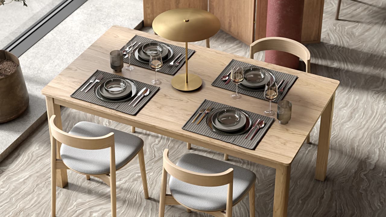 Photorealistic bright cafe interior featuring a highly detailed wooden table set for four in a luxury space.