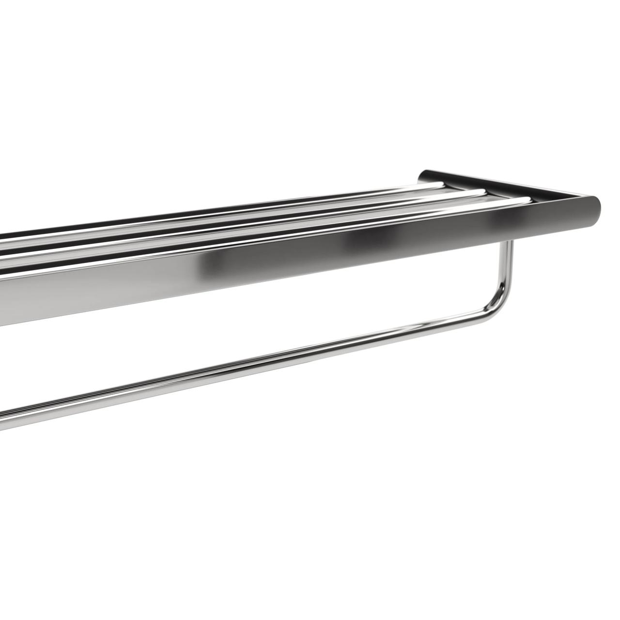 Three-quarter view studio render of a chrome bathroom shelf with integrated towel rack