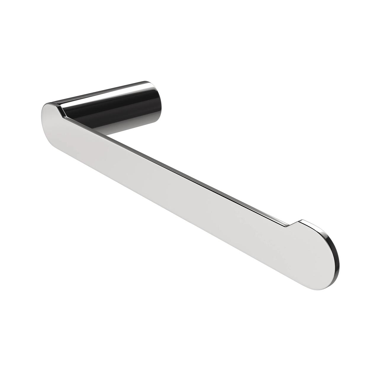 Three-quarter view studio render of a polished chrome towel bar with sleek modern finish